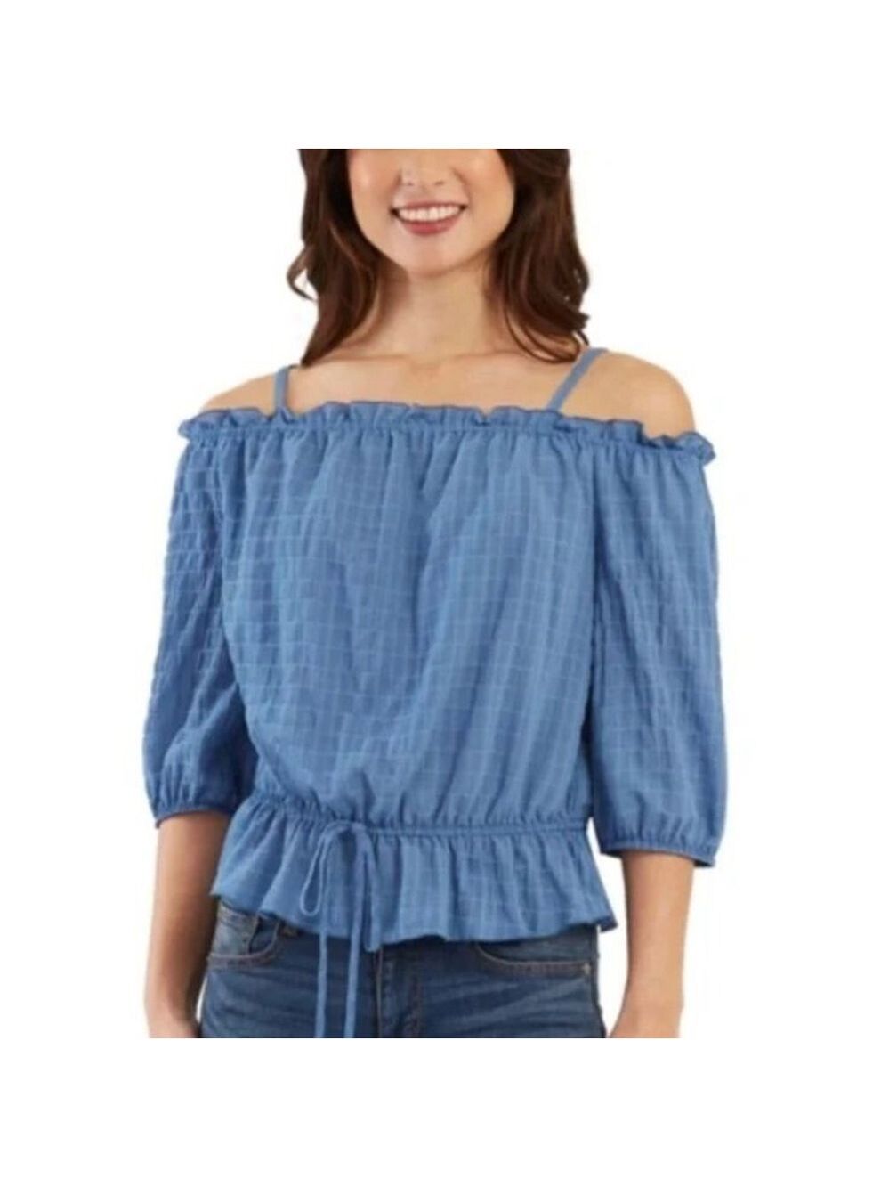 Off the Shoulder in a pretty blue color and tie waist - Size Large - NWT / BCX